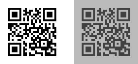 Black-and-white QR code (left). Lower contrast grayscale QR code (right)