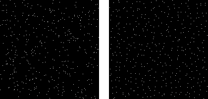 Truly random star field (left) and overly uniform star field (right)